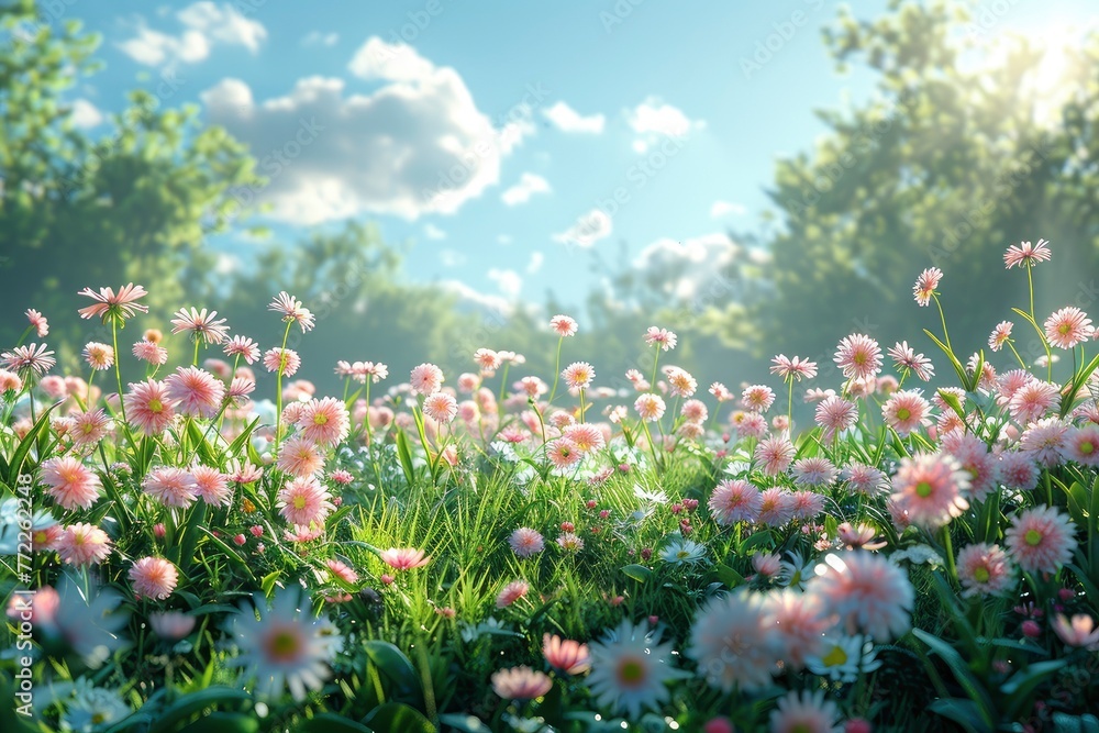Beautiful spring meadow with wild flowers, dandelions and grass on a blurred background, in the style of sunshine generative AI Beautiful spring meadow with wild flowers, dandelions and grass on a blurred background, in the style of sunshine generative AI