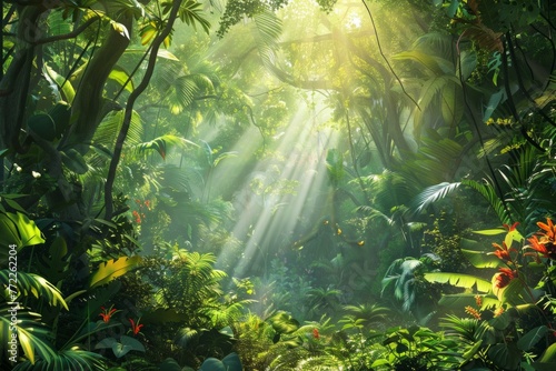 A lush green jungle with sunlight shining through the trees photo
