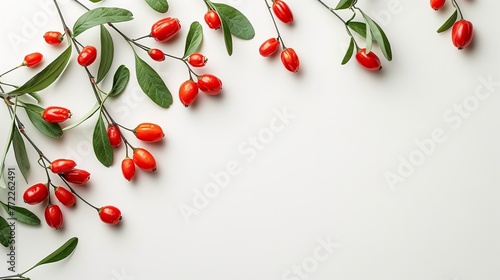 Over a white setting, there is an ornamental branch with luscious red goji berries and tiny leafy greenery foliage and space, Generative AI. photo
