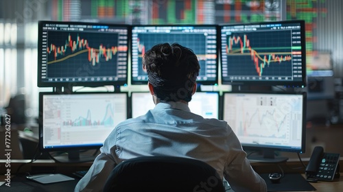 A stock price chart displayed on three desktop PC monitors, back view of a male stock trader, desk at a securities company. Generative AI. photo