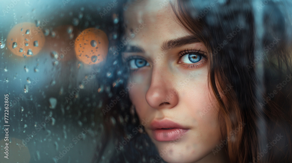 Retrato de mujer triste detrás de una ventana Retrato de mujer triste detrás de una ventana