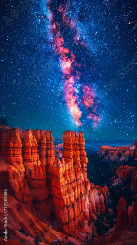 Travel to the Grand Canyon. Tourist hiking trip to the Grand Canyon in summer. Beautiful night landscape of the Milky Way over the Grand Canyon.