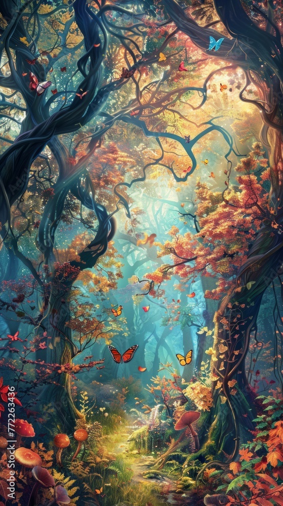 Fototapeta premium Harmony in Flight: A mesmerizing portrayal of a sprawling tree enveloped in a sea of leaves, while butterflies gracefully take to the air, creating a captivating display of nature's harmony
