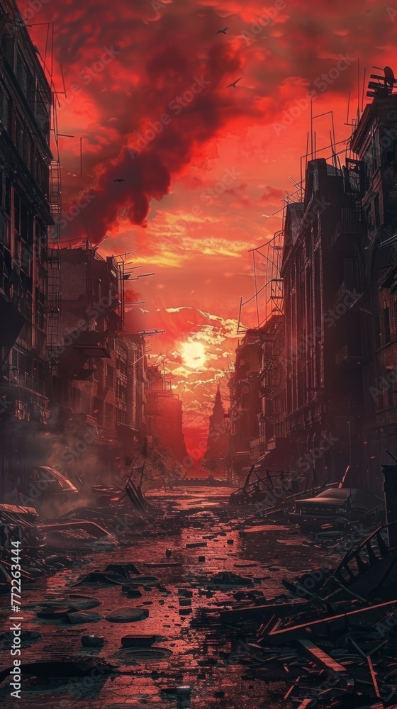 Echoes of Solitude: A captivating painting of a desolate city street, bathed in a haunting red sky, with a solitary tree standing as a silent witness in the foreground