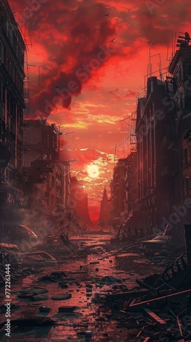 Echoes of Solitude: A captivating painting of a desolate city street, bathed in a haunting red sky, with a solitary tree standing as a silent witness in the foreground