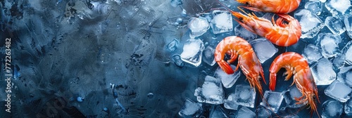 horizontal banner for fish market, fresh seafood, red shrimp lying on crushed ice, ice cubes, food preservation, blue background, copy space, free space for text photo