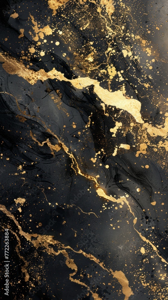 Stardust Symphony: A mesmerizing portrayal of a gold and black painting embellished with golden specks, an ethereal composition that evokes the magic of twinkling stars