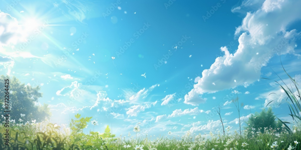 A bright blue sky with fluffy white clouds and a few trees in the background