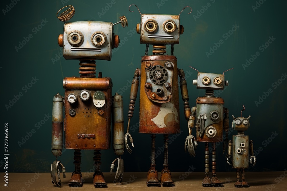 Fototapeta premium Autonomous Robot family creative. Party team. Generate Ai