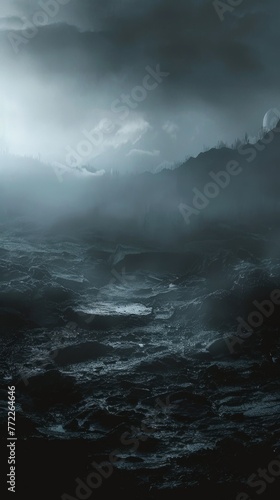 A dark and stormy ocean with a few trees in the background © Irfanan