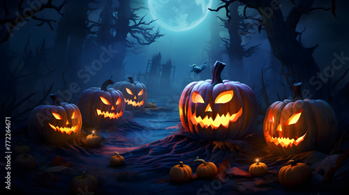 Pumpkin Bat Spooky Halloween Scene With Flying Bats And Haunted Background 3d Render Background