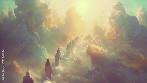 people walking to the light in heaven. Standing in a row waiting to go to heaven in white clouds. Christian prayers are in queue praying to the Jesus. Believe in God 4k video
