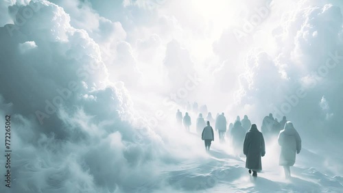 people walking to the light in heaven. Standing in a row waiting to go to heaven in white clouds. Christian prayers are in queue praying to the Jesus. Believe in God 4k video photo