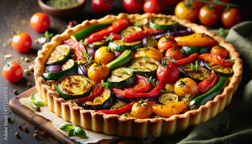 Close-up of a vegan roasted vegetable tart, featuring a golden, flaky crust filled with a colorful array of roasted vegetables like bell peppers, zucchini, eggplant, and cherry tomatoes. photo