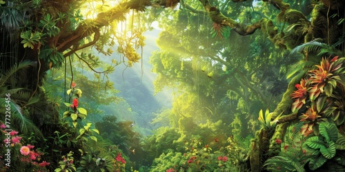 Fototapeta Naklejka Na Ścianę i Meble -  Nature's sanctuary: A vibrant jungle scene with sunbeams filtering through the lush foliage, creating a breathtaking display