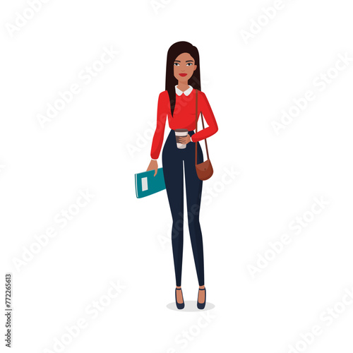 Elegant student girl with takeaway coffee. Stylish young university student girl cartoon vector illustration © lembergvector