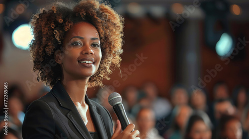 Happy black female entrepreneur giving speech on a stage, business crowd in background. Generative AI.