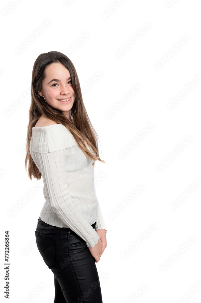 A girl is wearing a white sweater and black pants A girl is wearing a white sweater and black pants