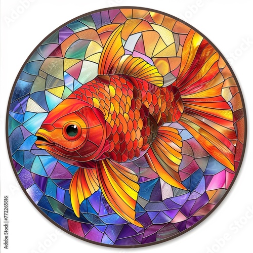 Goldfish realistic stained glass art print  realistic usage of light and color  sharp and bold clear edge  all details in the circular shapes