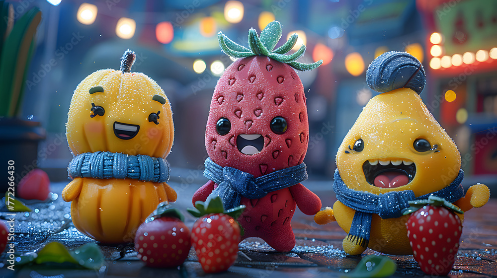 Three animated fruit characters with joyful expressions enjoying a playful moment on a rainy evening
