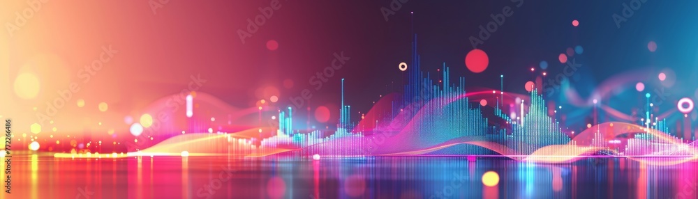 A colorful cityscape with a blue and red background
