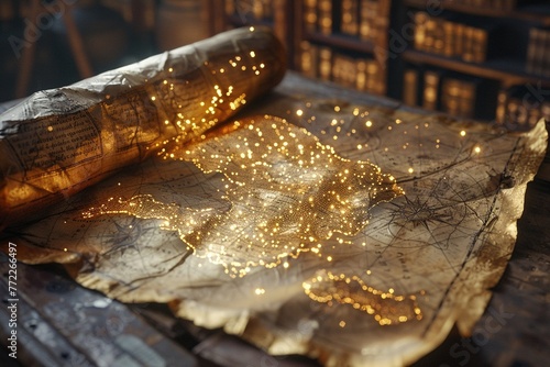 Magical golden sparkles on a treasure map, photorealistic, vibrant colors, natural lighting, in an old library ,ultra HD,clean sharp