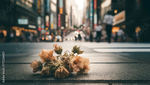 Wilted flowers lying on a concrete sidewalk, bustling city life in the blur