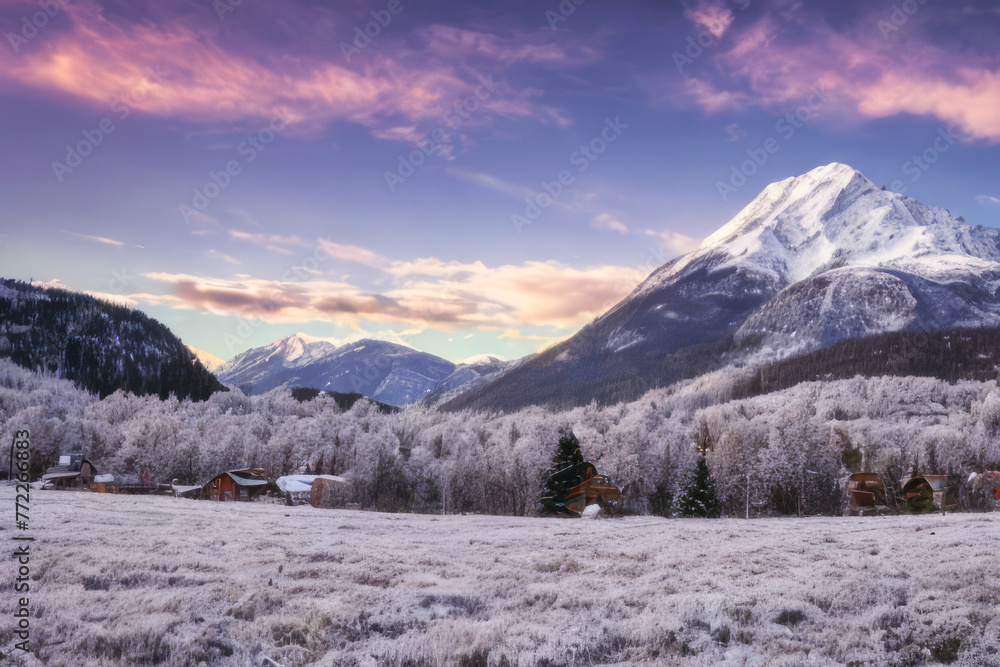Majestic snow-capped peaks pierce a clear winter sky in this stunning alpine landscape