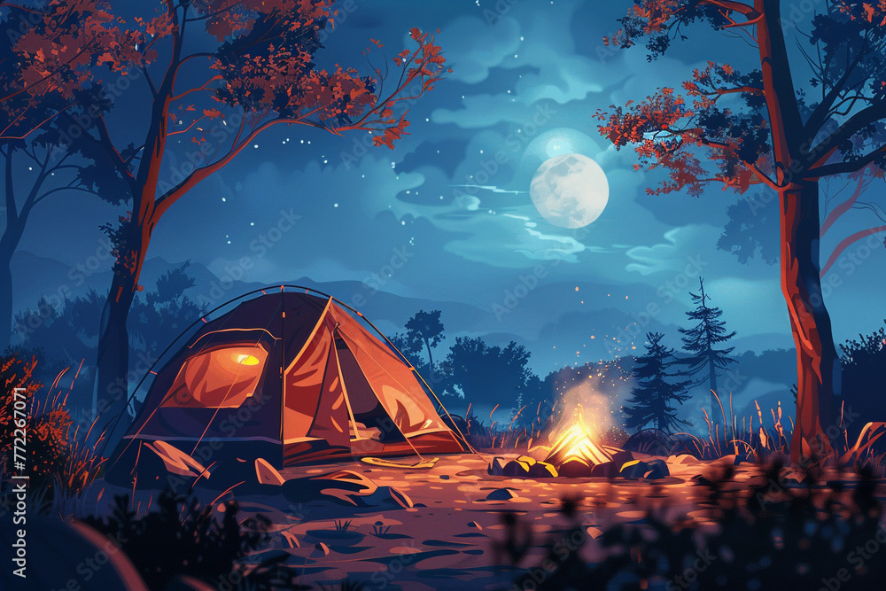 graphic illustration of a tent camping around a bonfire. - obrazy, fototapety, plakaty 