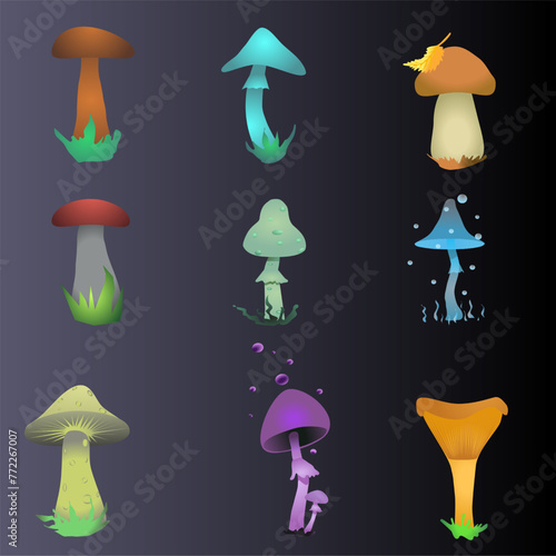 Set of vector shrooms different colours . Edible and poisonous shrooms illustration.  Eps