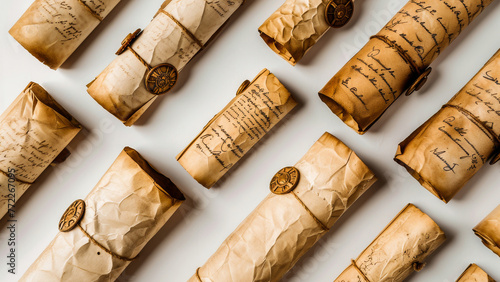 An array of vintage scrolls and manuscripts with old handwriting and wax seals, representing historical correspondence and documents. photo