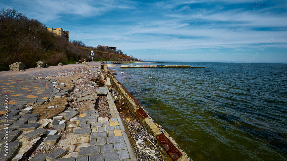 Damaged walking path near the sea. Gold Coast, Odessa, Ukraine