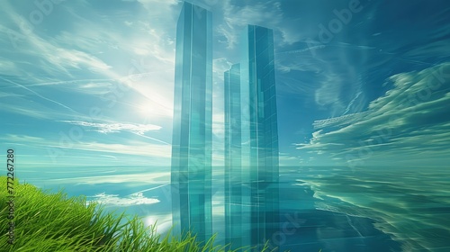 An abstract background with a blue sky and green landscape, featuring three glass skyscrapers on the horizon. Generative AI.