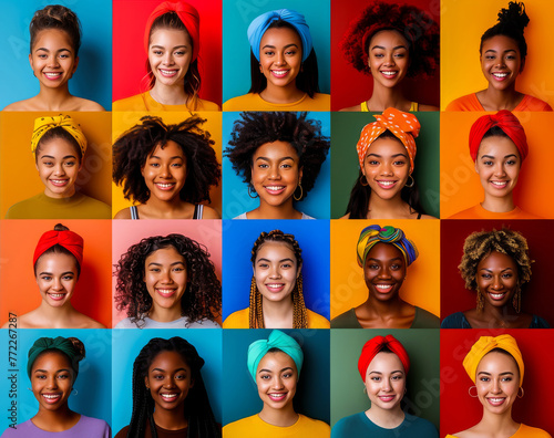 A vibrant collection of diverse women's smiling portraits, showcasing colorful headscarves and joyful expressions.