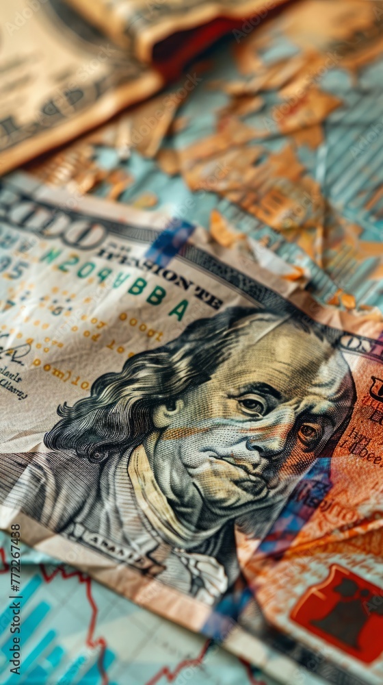 Obraz premium Detailed shot of crumpled currency against a backdrop of recession graphs, a narrative of financial failure