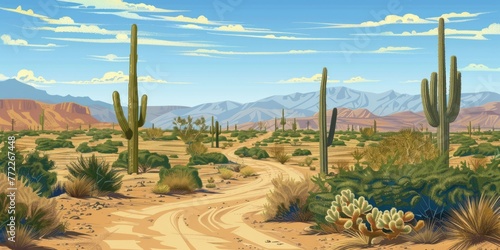 A desert scene with a dirt road and cacti photo