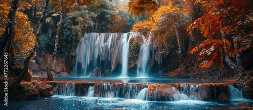 A panoramic view of the Hulantang Waterfall in Khaohai Mountain  Thailand with its cascading water and colorful foliage  showcasing breathtaking beauty