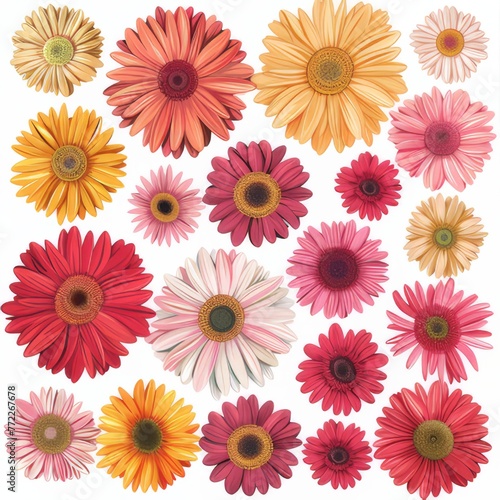 Clip art illustration with various types of gerbera on a white background. 