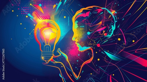 Creative mind or brainstorm or creative idea concept with abstract human head silhouette and hand holding bulb lamp surrounded abstract geometric shapes in bright colors. Vector illustration