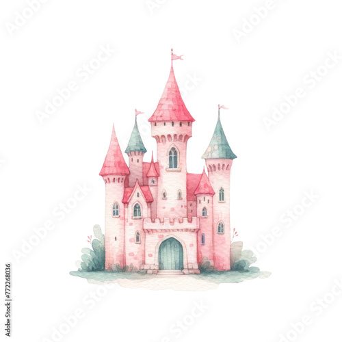 A castle with a pink roof and a blue flag on top. The castle is surrounded by trees and bushes