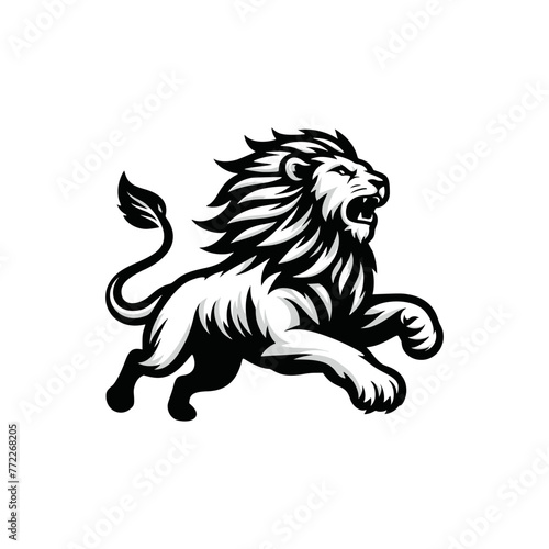 Vector logo of a running lion. black and white illustration of a charging big cat.