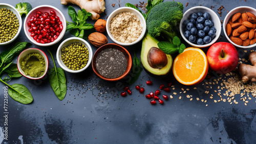 Healthy food clean eating selection: fruit, vegetable, seeds, superfood, cereals, leaf vegetable on gray copy space