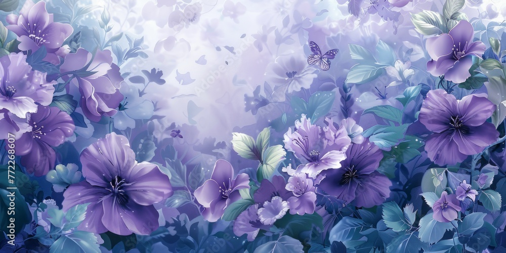 A beautiful painting of a field of purple flowers with butterflies