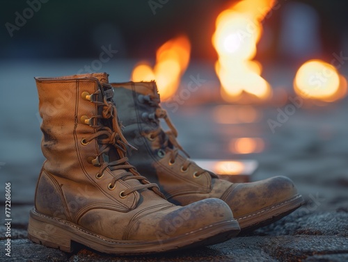 Two brown boots with laces are sitting on a sandy beach next to a fire
