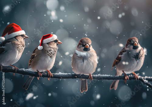 birds sitting on the edge of an iron pipe, one bird wears a santa hat, snowy weather