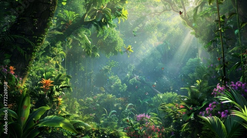 Enchanting jungle tableau teeming with myriad butterflies and birds