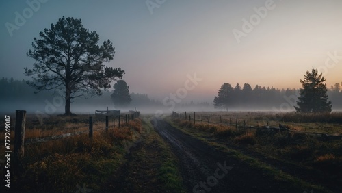 morning village path with fog
