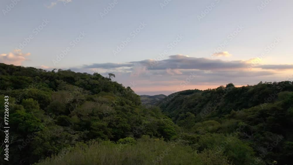 Aerial of hills covered in dense green forests with the sunset in the background Aerial of hills covered in dense green forests with the sunset in the background