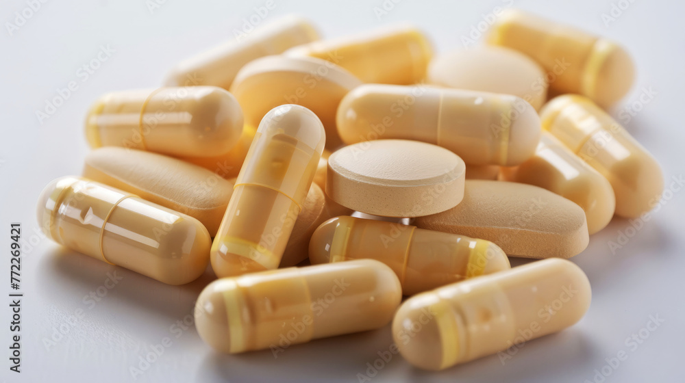 Assorted pharmaceutical capsules and tablets in close-up showcasing healthcare and medication Assorted pharmaceutical capsules and tablets in close-up showcasing healthcare and medication