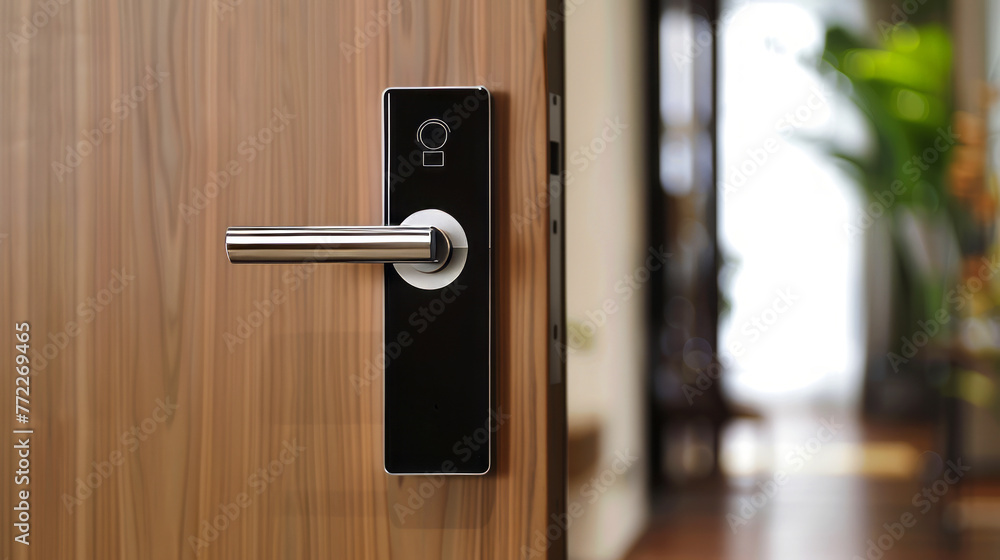 Modern electronic door lock on a wooden door, concept of security and smart home technology Modern electronic door lock on a wooden door, concept of security and smart home technology